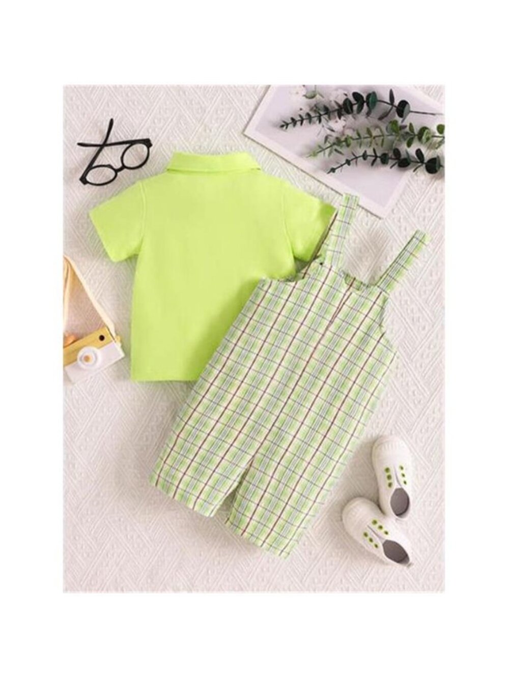 Children's Solid Color Polo & Plaid Overalls Set - Picture 6 of 6